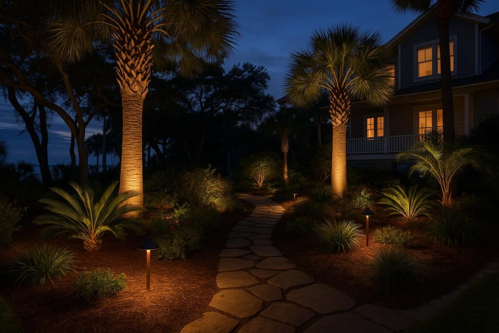 Beautiful landscape lighting illuminating palm trees and ornamental plantings at a North Myrtle Beach home at dusk