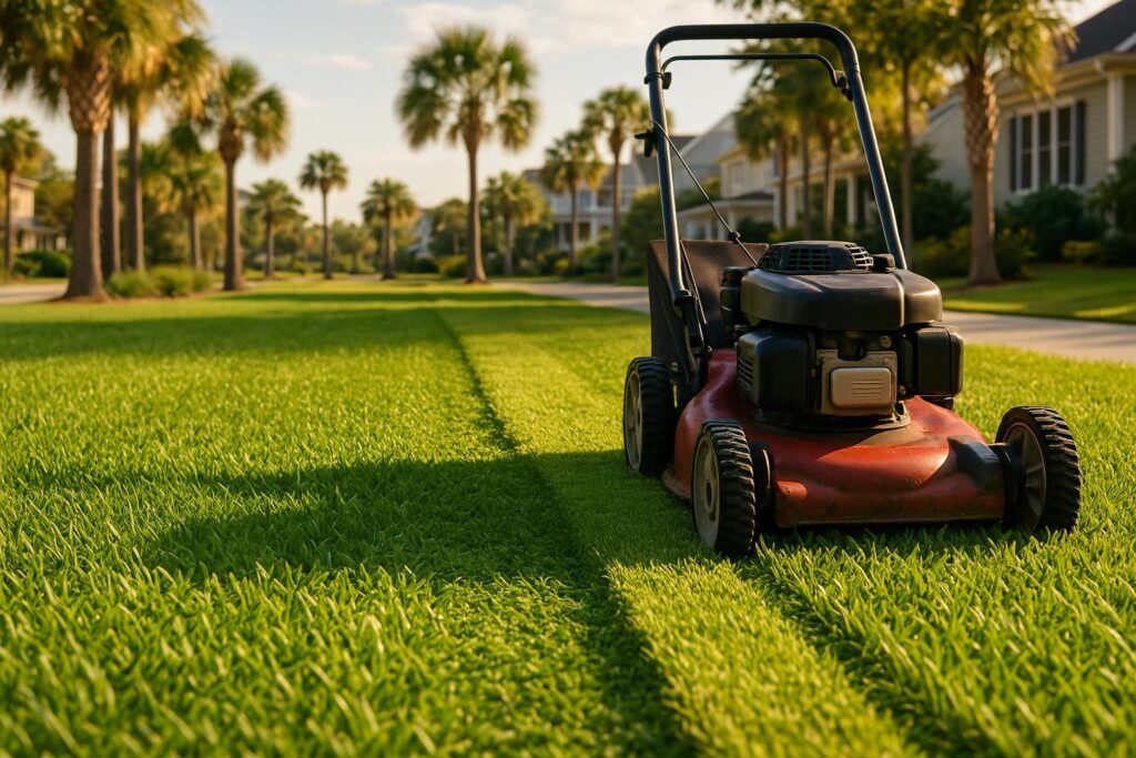 Lawn mower cutting centipede grass in early fall at a North Myrtle Beach residential property