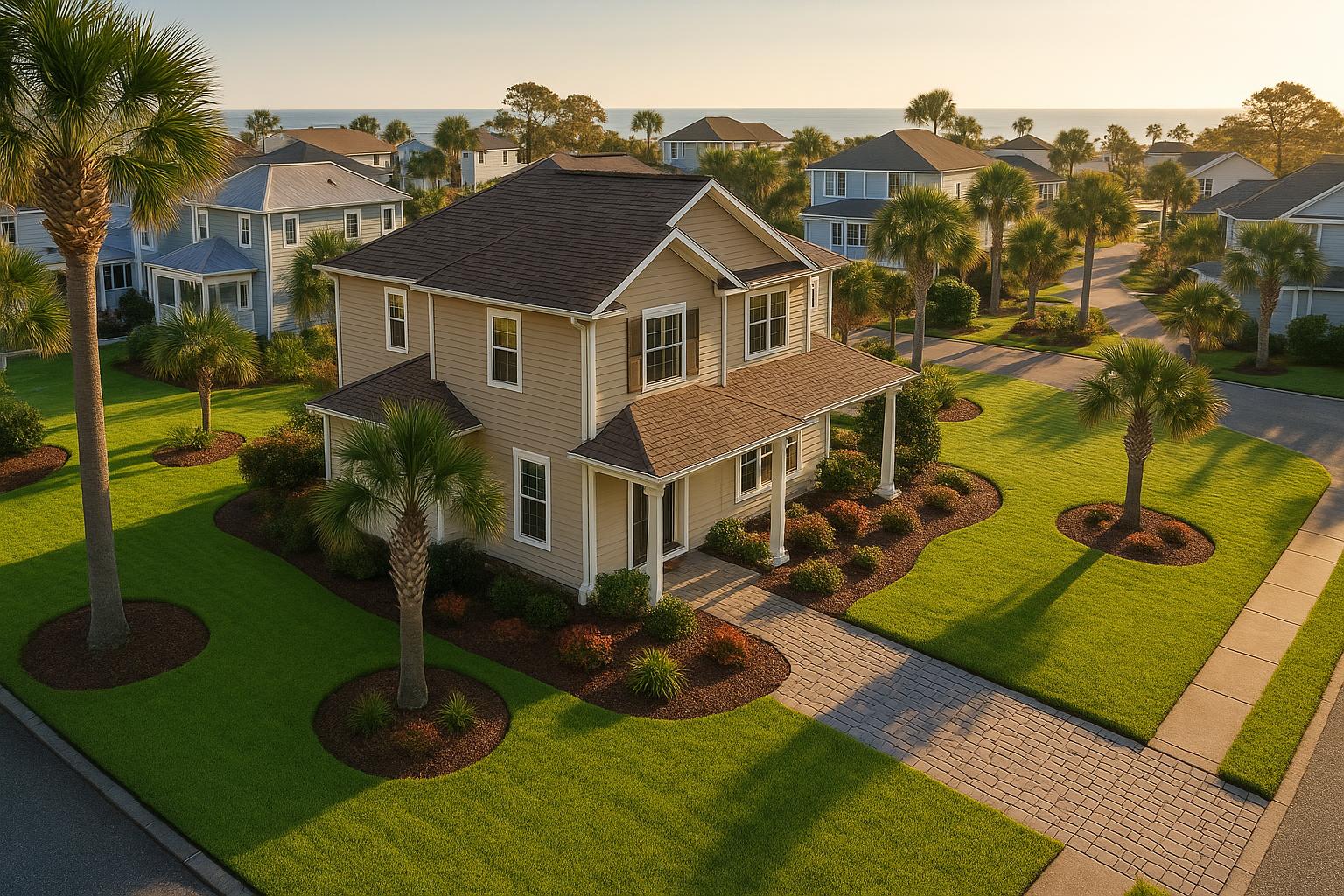 Aerial view of a well-maintained North Myrtle Beach home with lush green lawn and ornamental landscaping