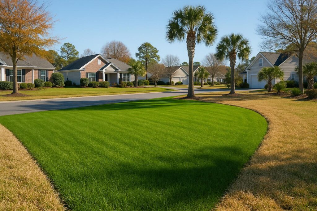 Bright green ryegrass overseeding on a coastal South Carolina lawn in late fall
