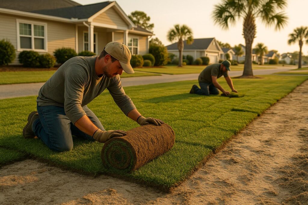 Fresh centipede sod being installed on a North Myrtle Beach residential lawn in September