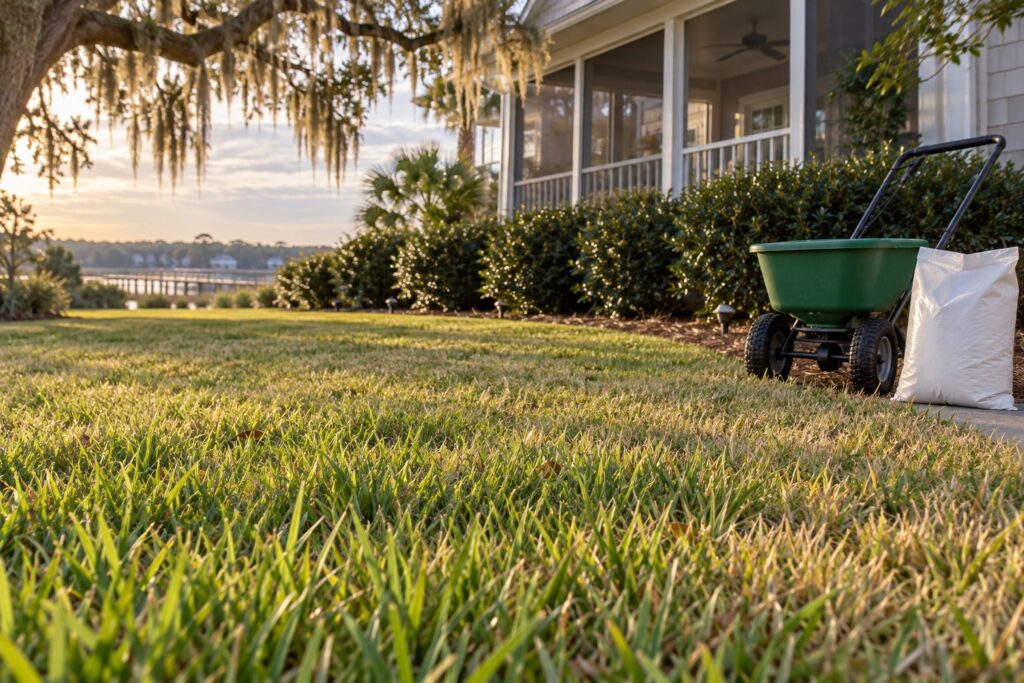 Bags of winterizer fertilizer next to a centipede lawn beginning to go dormant in North Myrtle Beach in October
