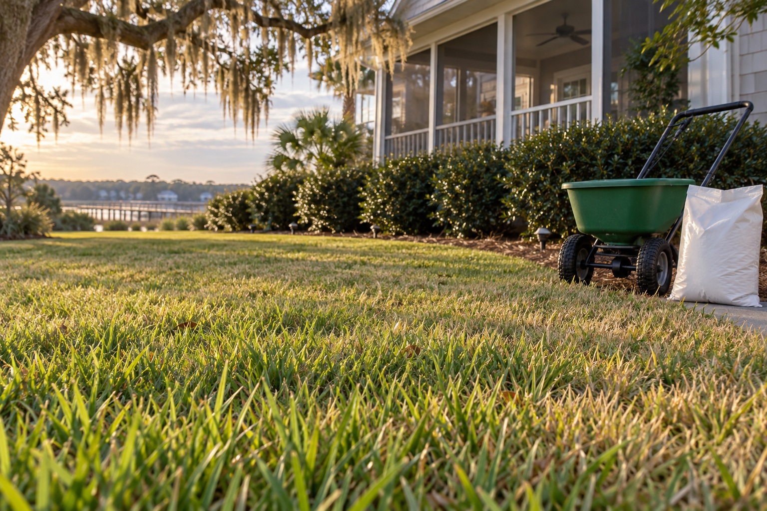 Bags of winterizer fertilizer next to a centipede lawn beginning to go dormant in North Myrtle Beach in October